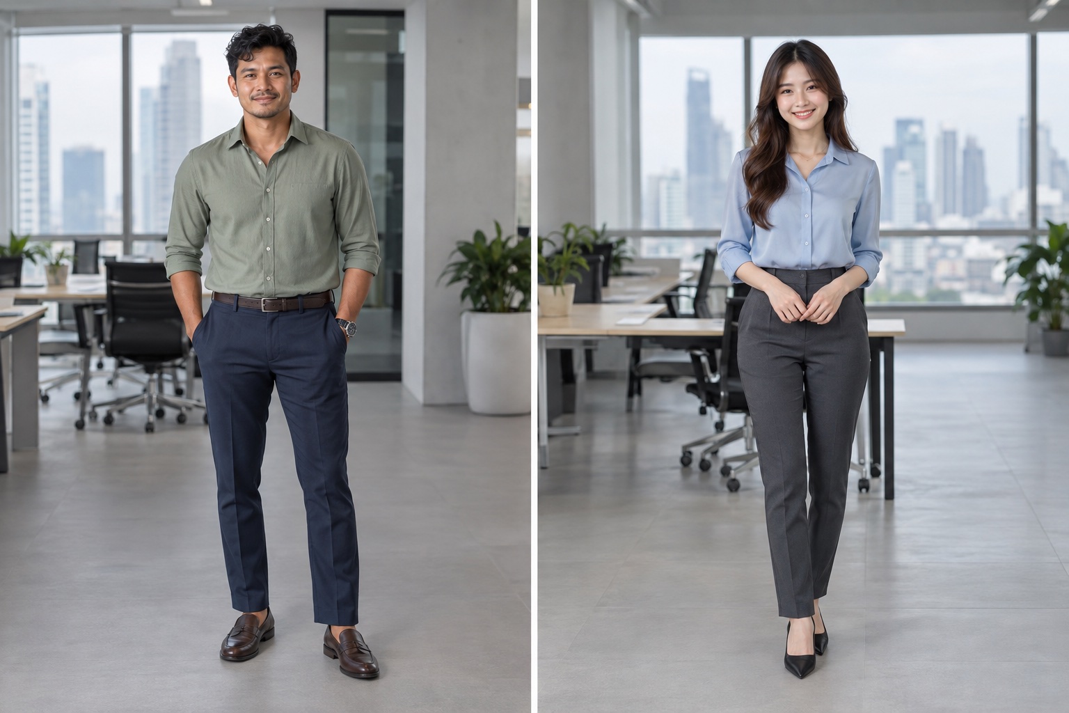 Sage shirt + navy trousers