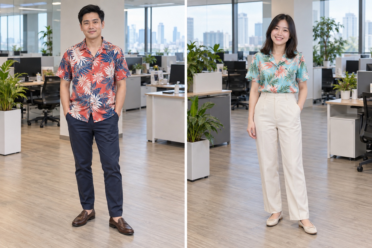 Hawaiian shirt + long trousers